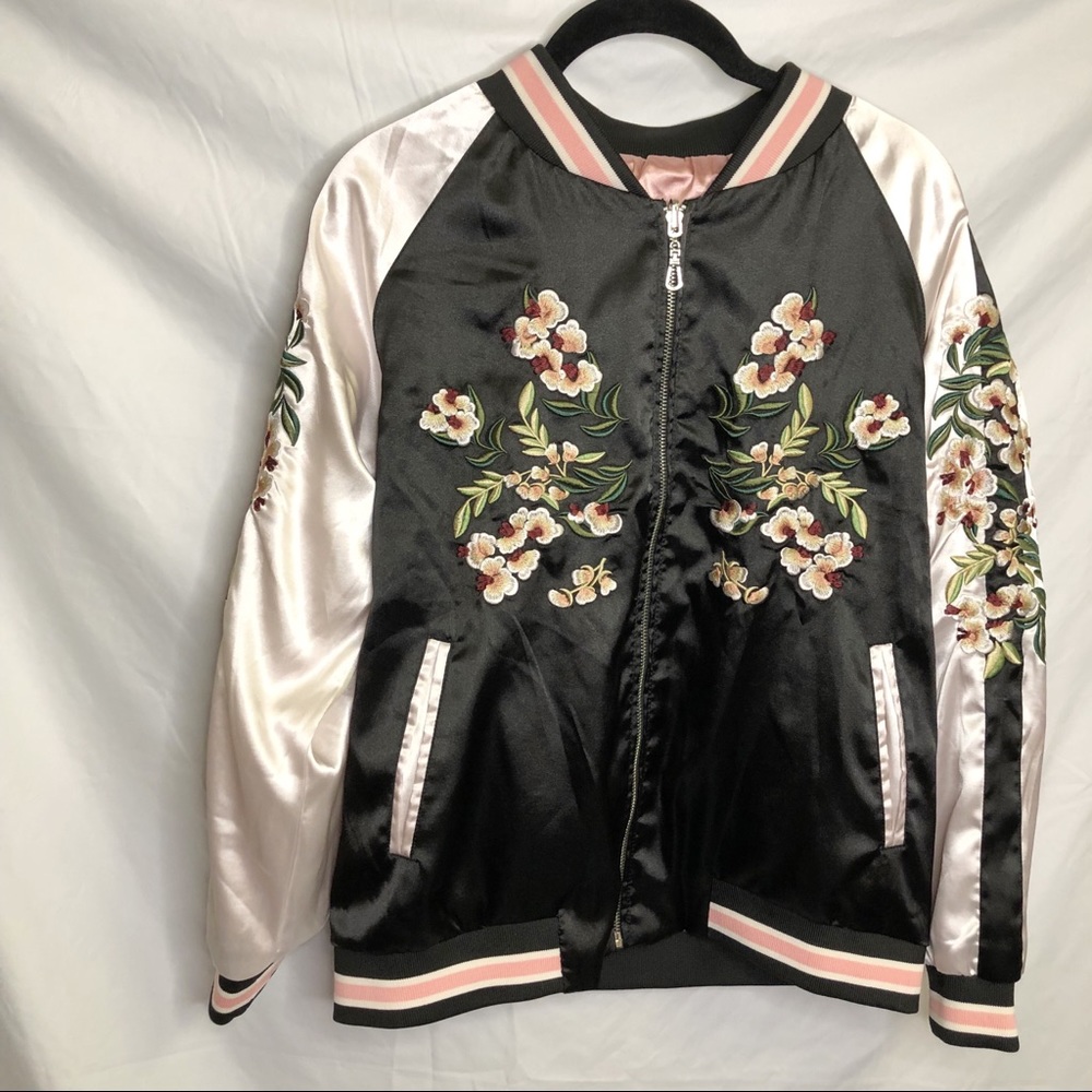 Pink Black Floral Flowers Embroidered Bomber Varsity Jacket Reversible